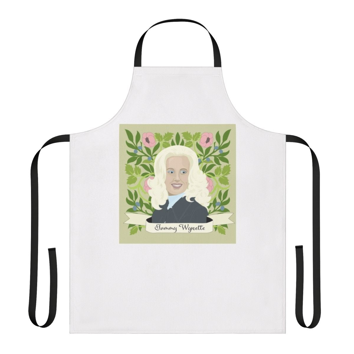Vintage-style apron featuring pastel floral design and Tammy Wynette's name, a beloved country music icon