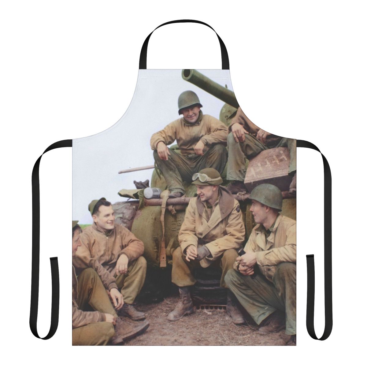 Vintage-inspired apron featuring a colorized image of a US Army tank crew, paying tribute to WWII history.