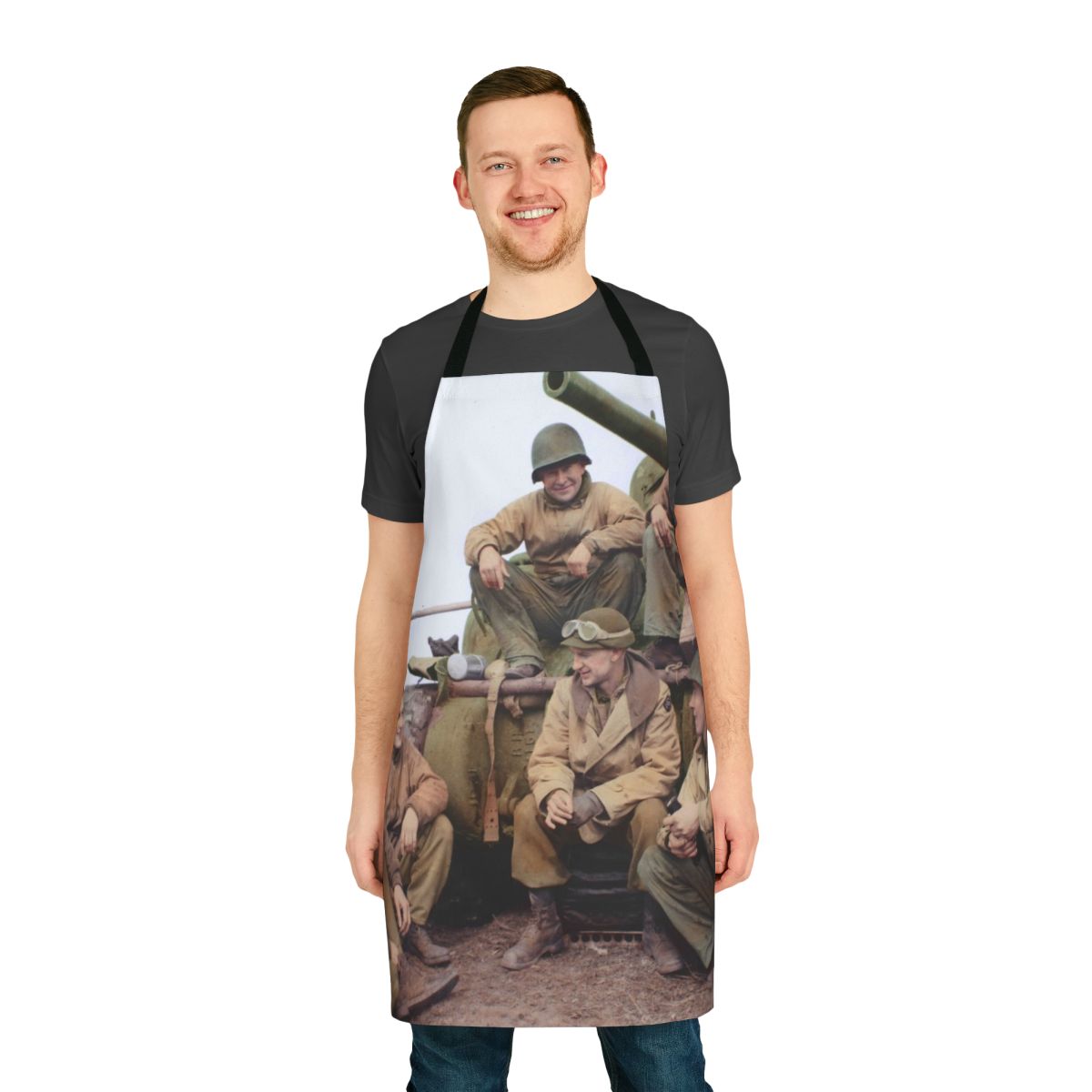 Vintage-inspired apron featuring a colorized image of a US Army tank crew, paying tribute to WWII history.