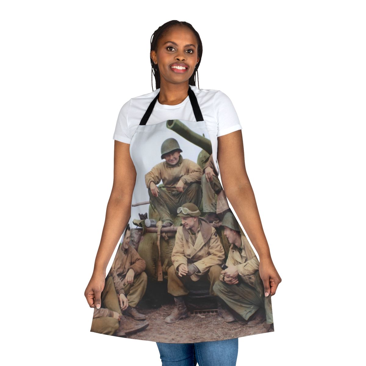 Vintage-inspired apron featuring a colorized image of a US Army tank crew, paying tribute to WWII history.