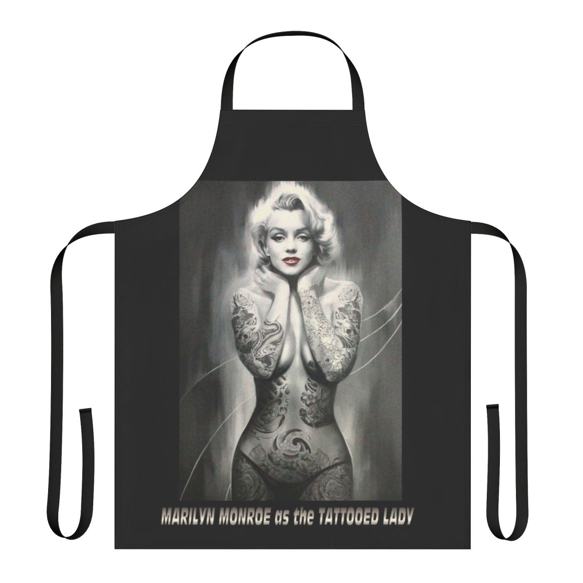 Vintage-style Marilyn Monroe artwork featuring a tattooed lady on a high-quality apron