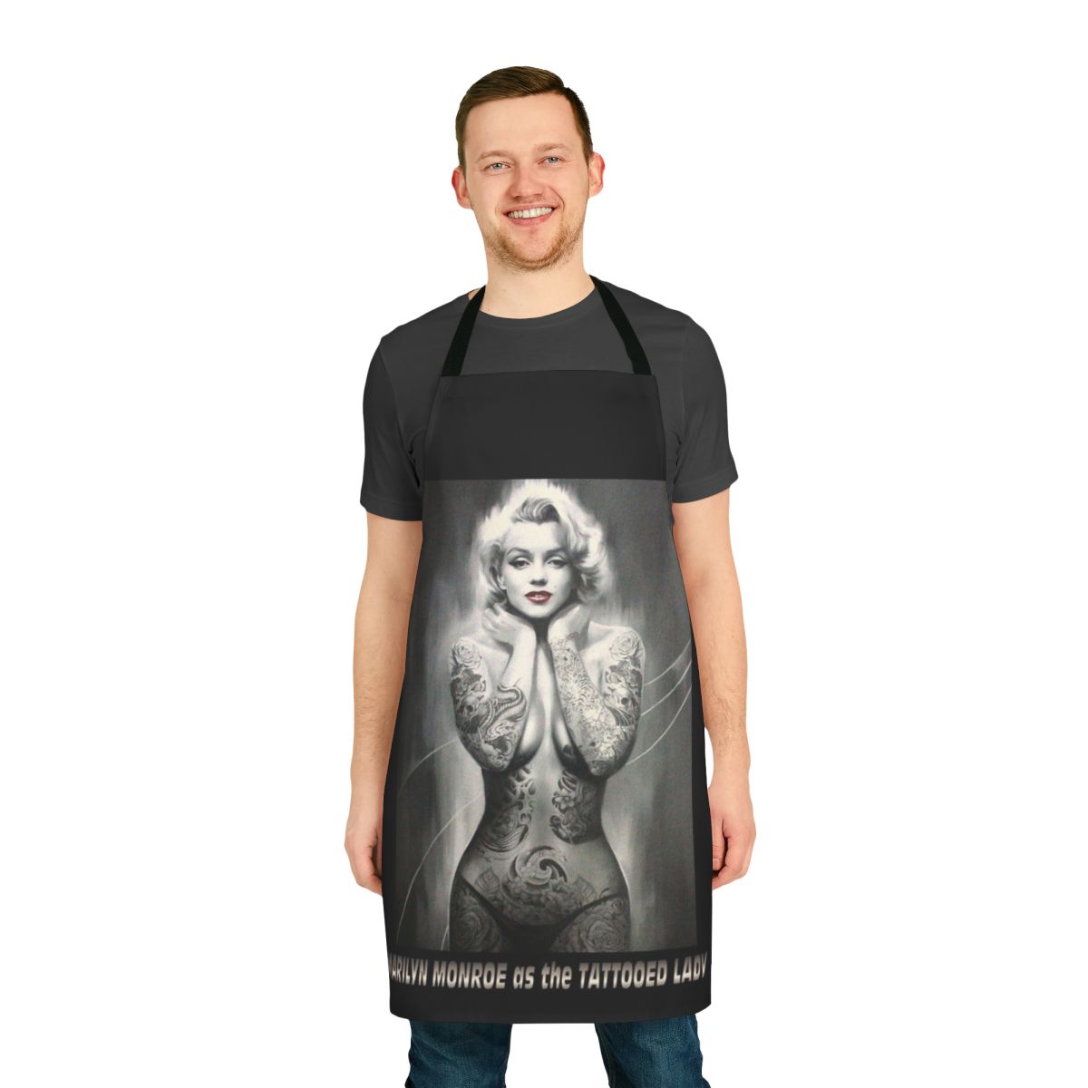 Vintage-style Marilyn Monroe artwork featuring a tattooed lady on a high-quality apron