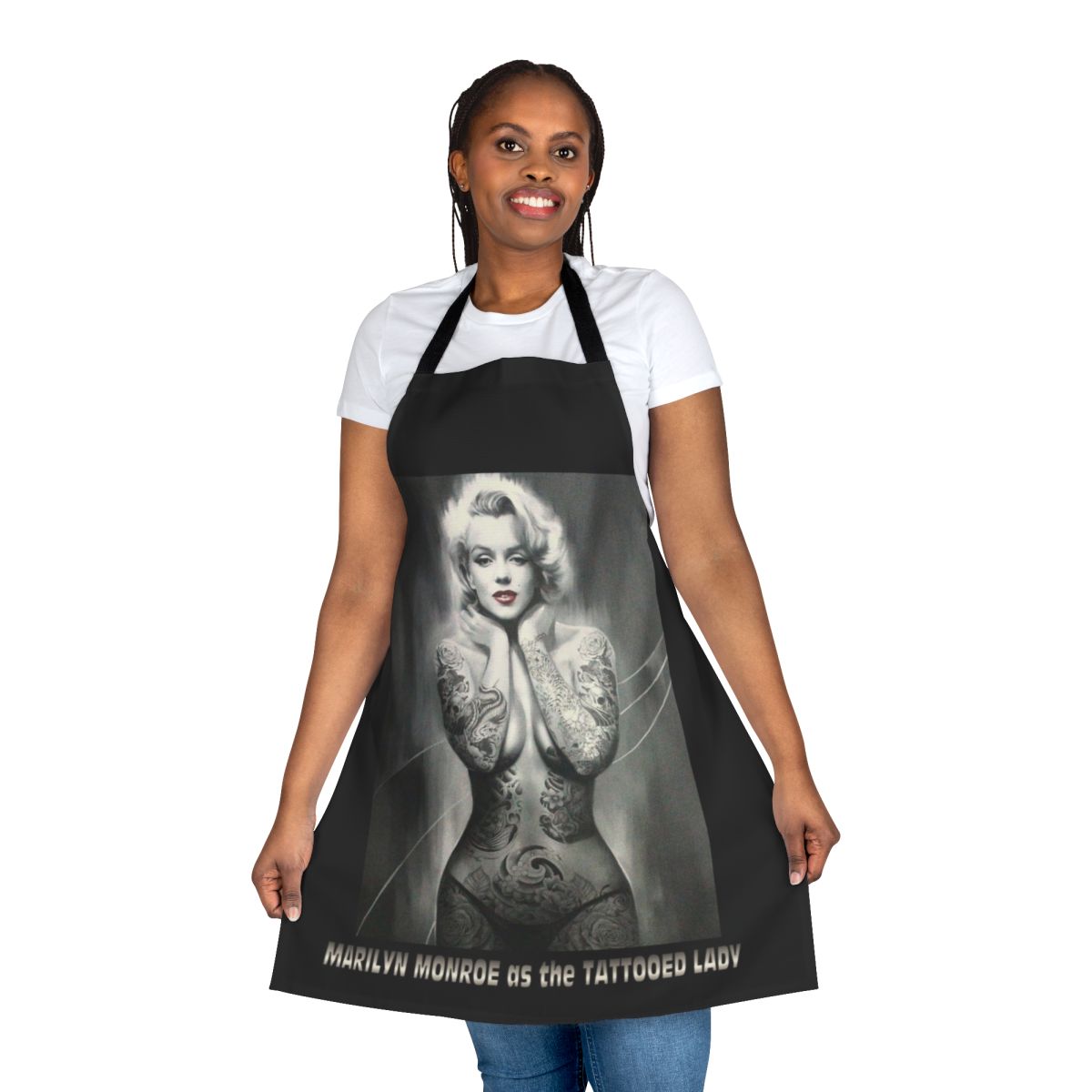 Vintage-style Marilyn Monroe artwork featuring a tattooed lady on a high-quality apron