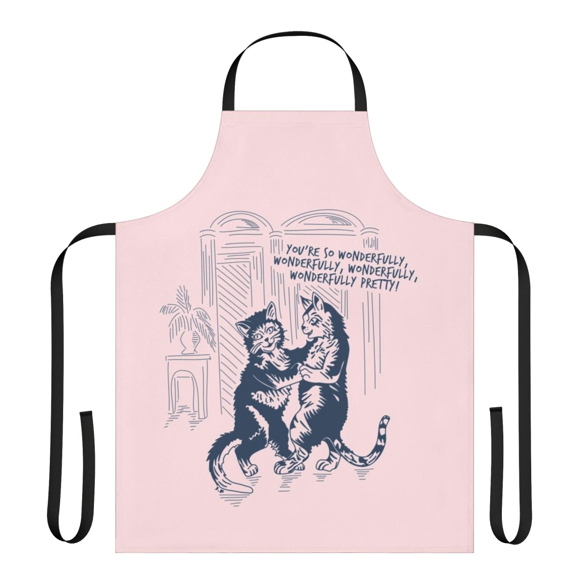Vintage-inspired apron featuring a graphic design of the band The Cure's song "Lovecats"