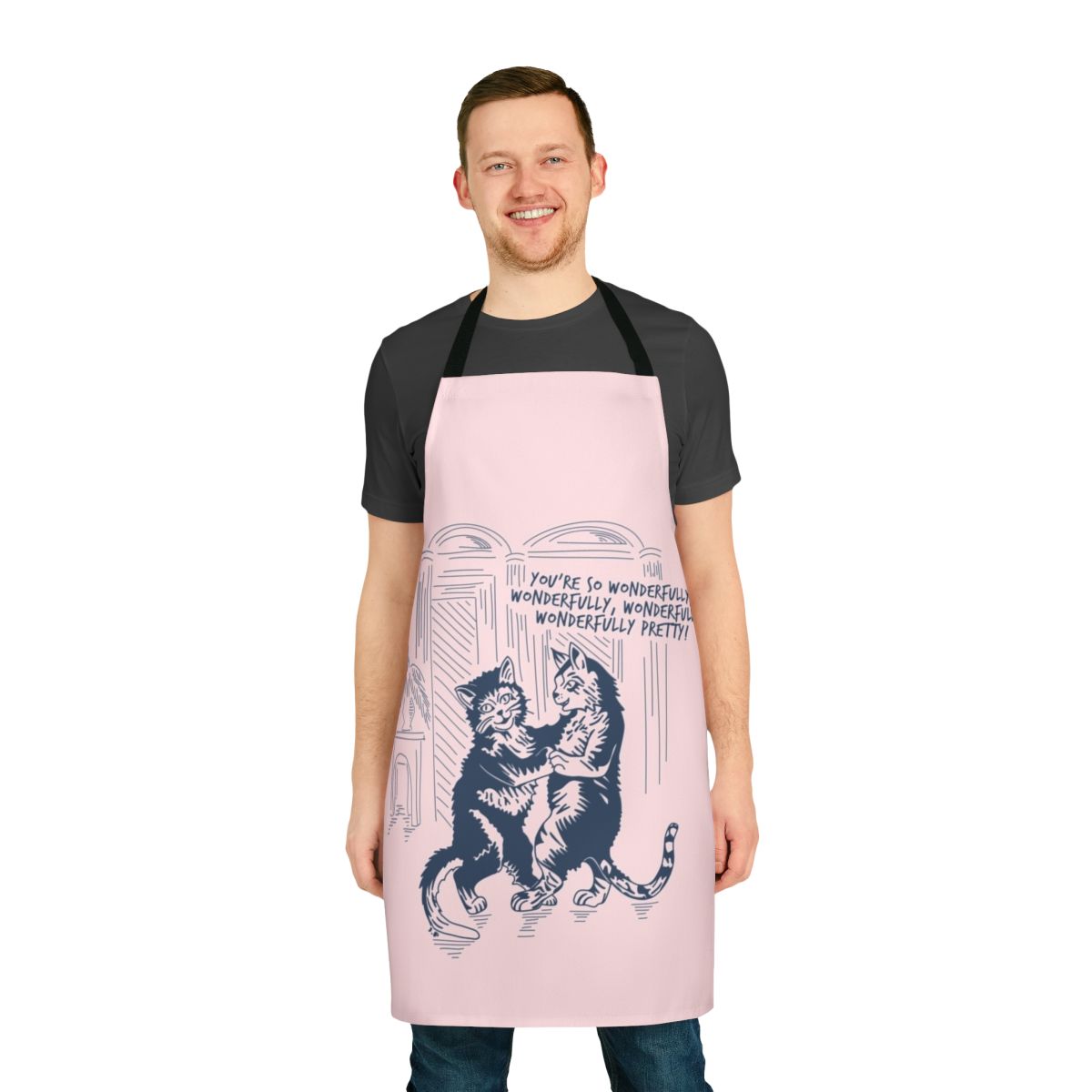 Vintage-inspired apron featuring a graphic design of the band The Cure's song "Lovecats"