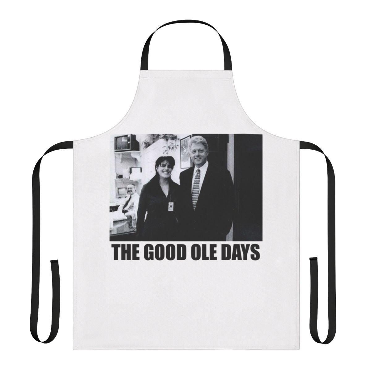 Vintage-inspired apron with a humorous design referencing the Clinton-Lewinsky scandal and political figures