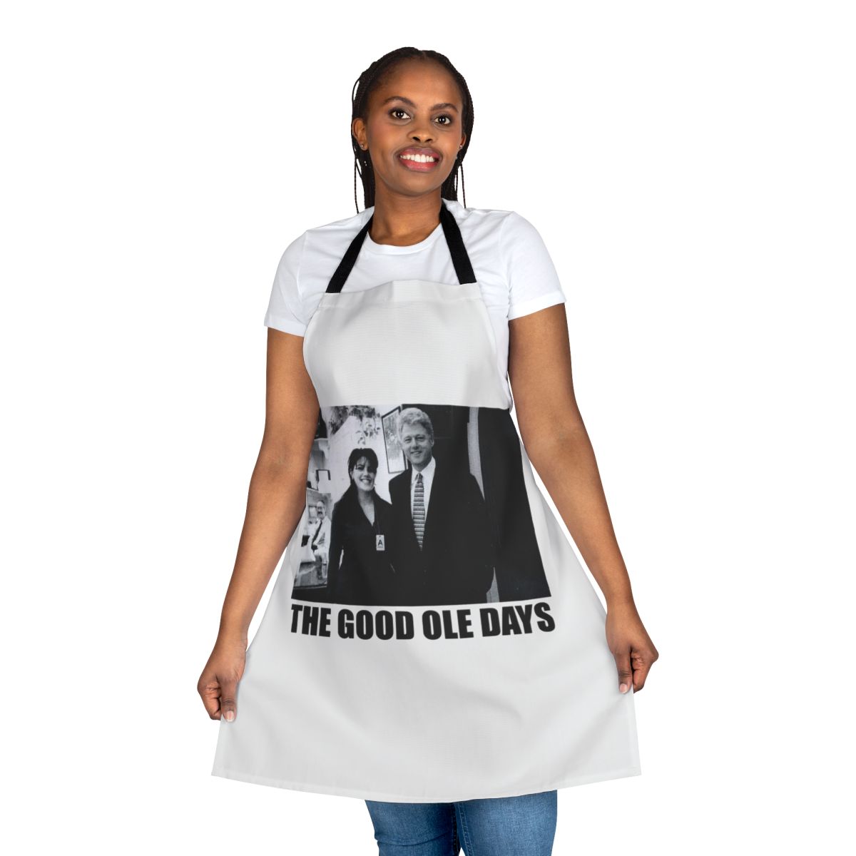 Vintage-inspired apron with a humorous design referencing the Clinton-Lewinsky scandal and political figures