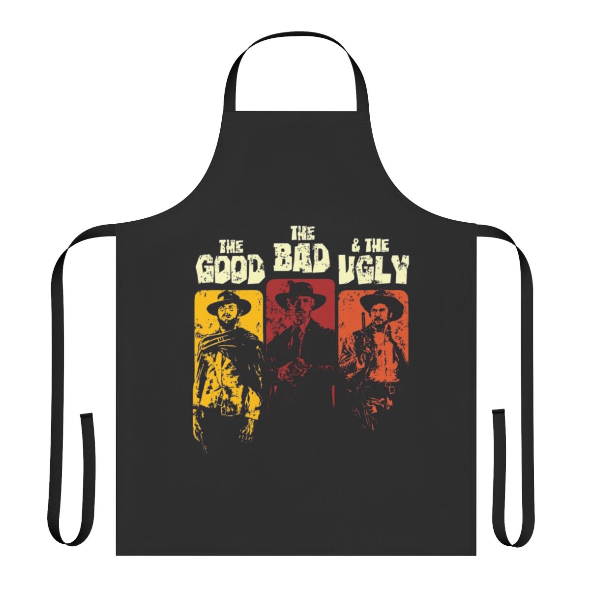 Vintage-inspired apron featuring The Good, The Bad, and The Ugly movie characters and iconography