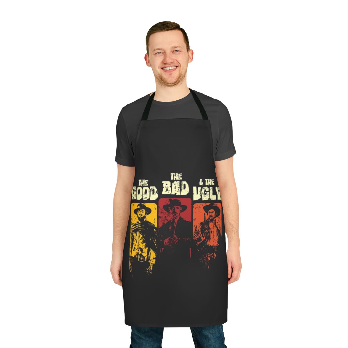 Vintage-inspired apron featuring The Good, The Bad, and The Ugly movie characters and iconography
