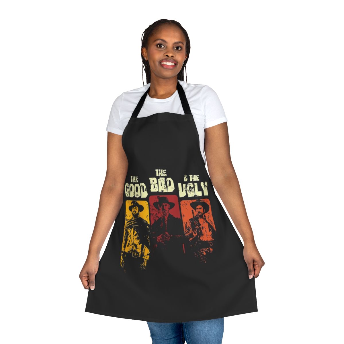 Vintage-inspired apron featuring The Good, The Bad, and The Ugly movie characters and iconography