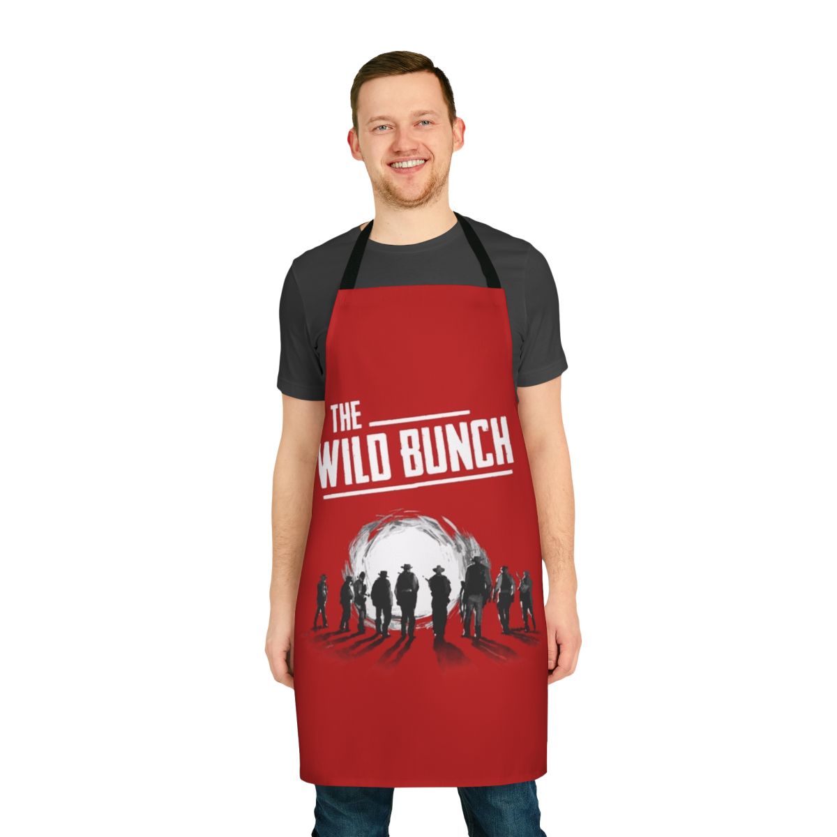 Vintage-style apron featuring characters and scenes from the classic 1969 Western film "The Wild Bunch"