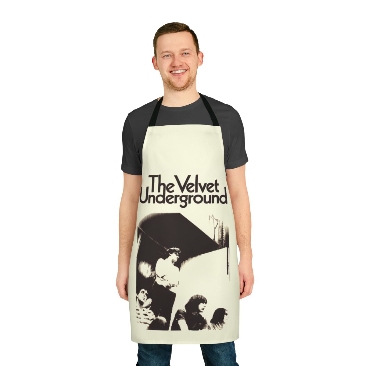 Vintage-inspired velvet apron with retro punk rock design