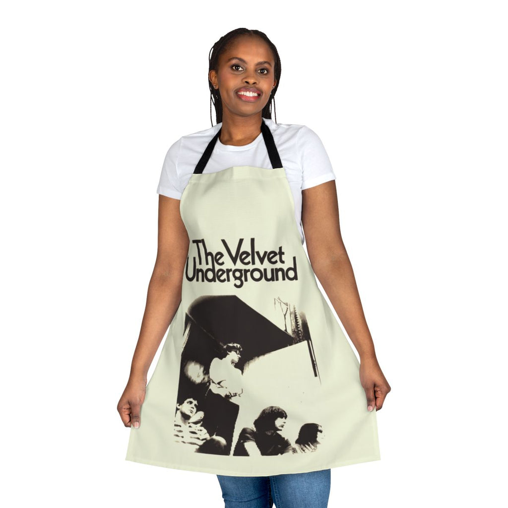 Vintage-inspired velvet apron with retro punk rock design