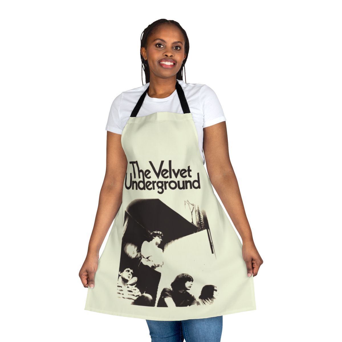 Vintage-inspired velvet apron with retro punk rock design
