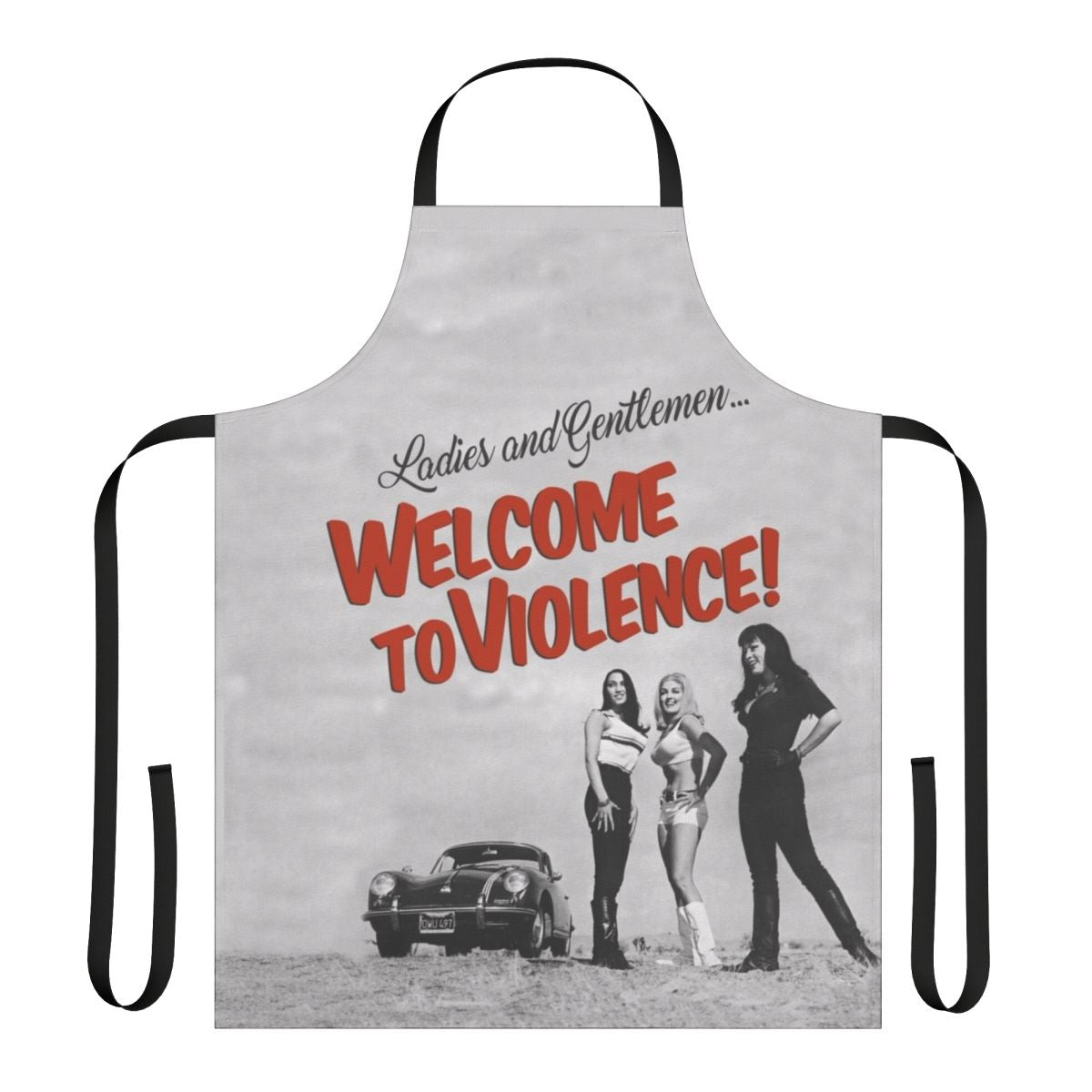 Vintage-style apron with a "Violence" design, featuring imagery from cult classic movies.