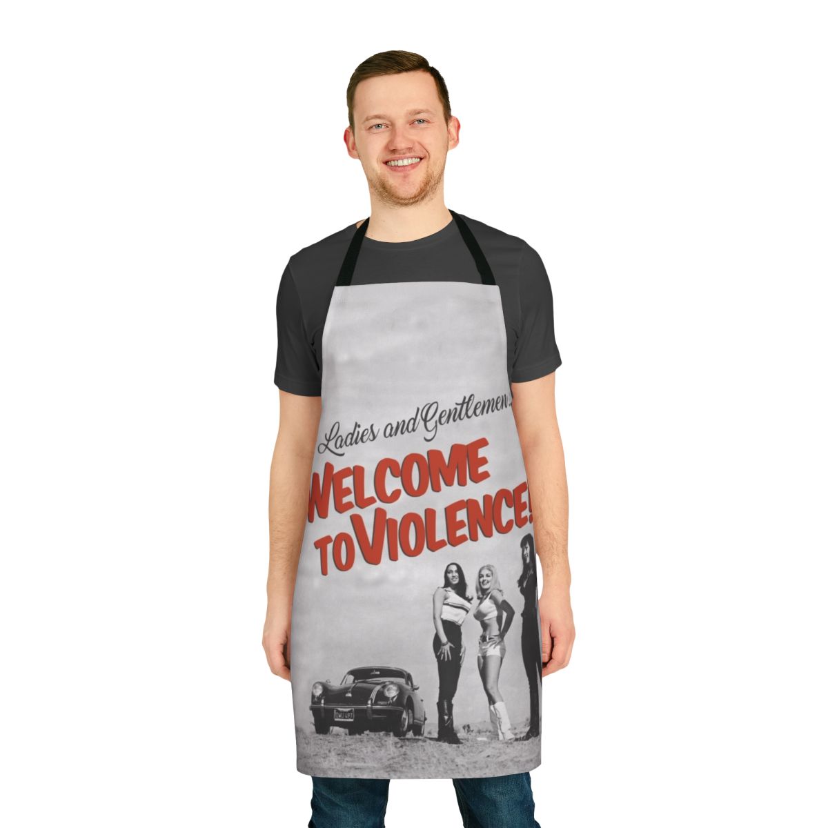 Vintage-style apron with a "Violence" design, featuring imagery from cult classic movies.