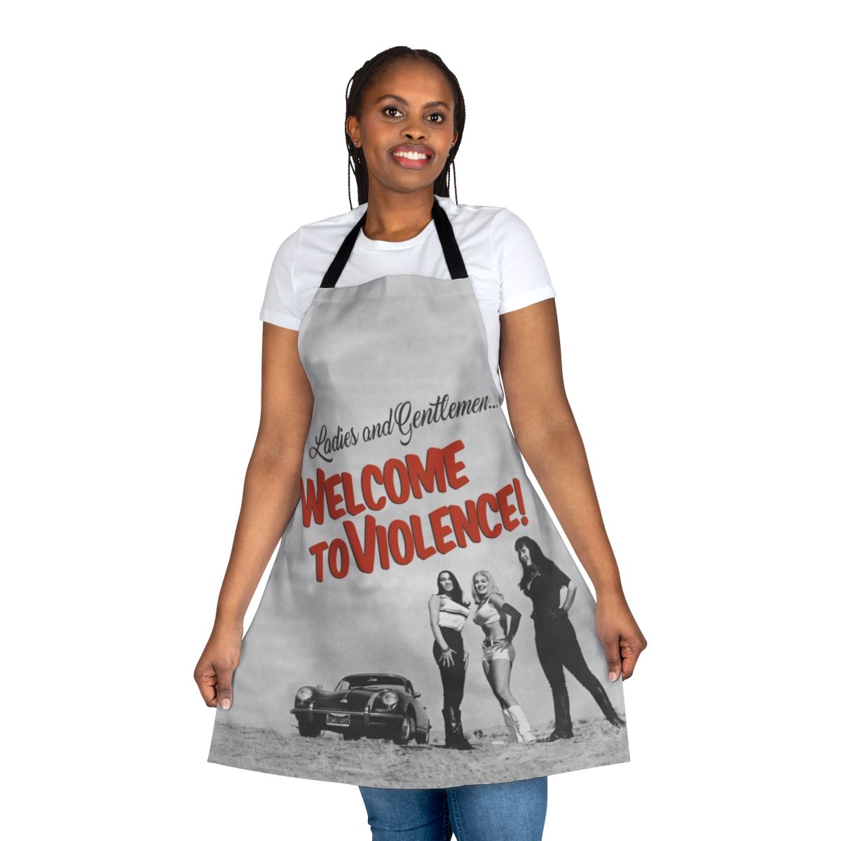 Vintage-style apron with a "Violence" design, featuring imagery from cult classic movies.