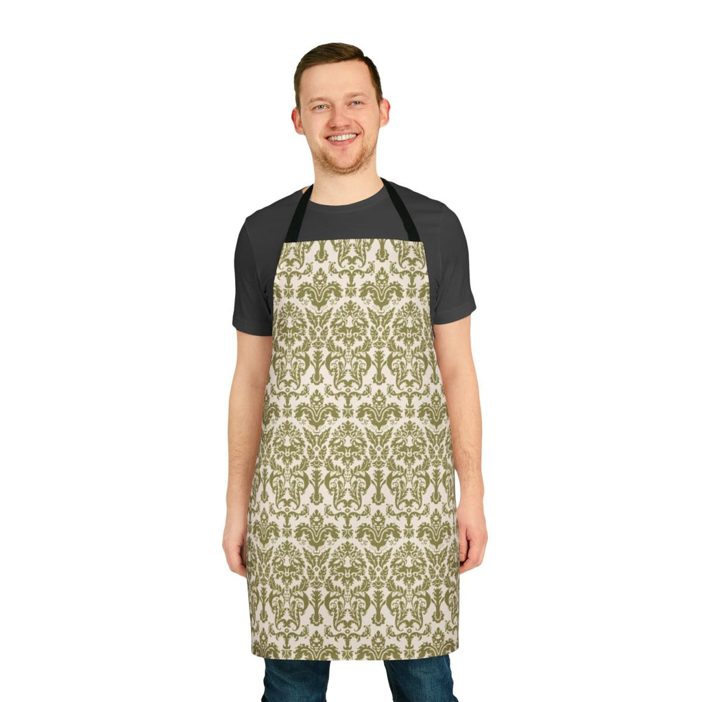 Apron featuring a vintage-style damask print inspired by the iconic curtains from the musical "The Sound of Music"
