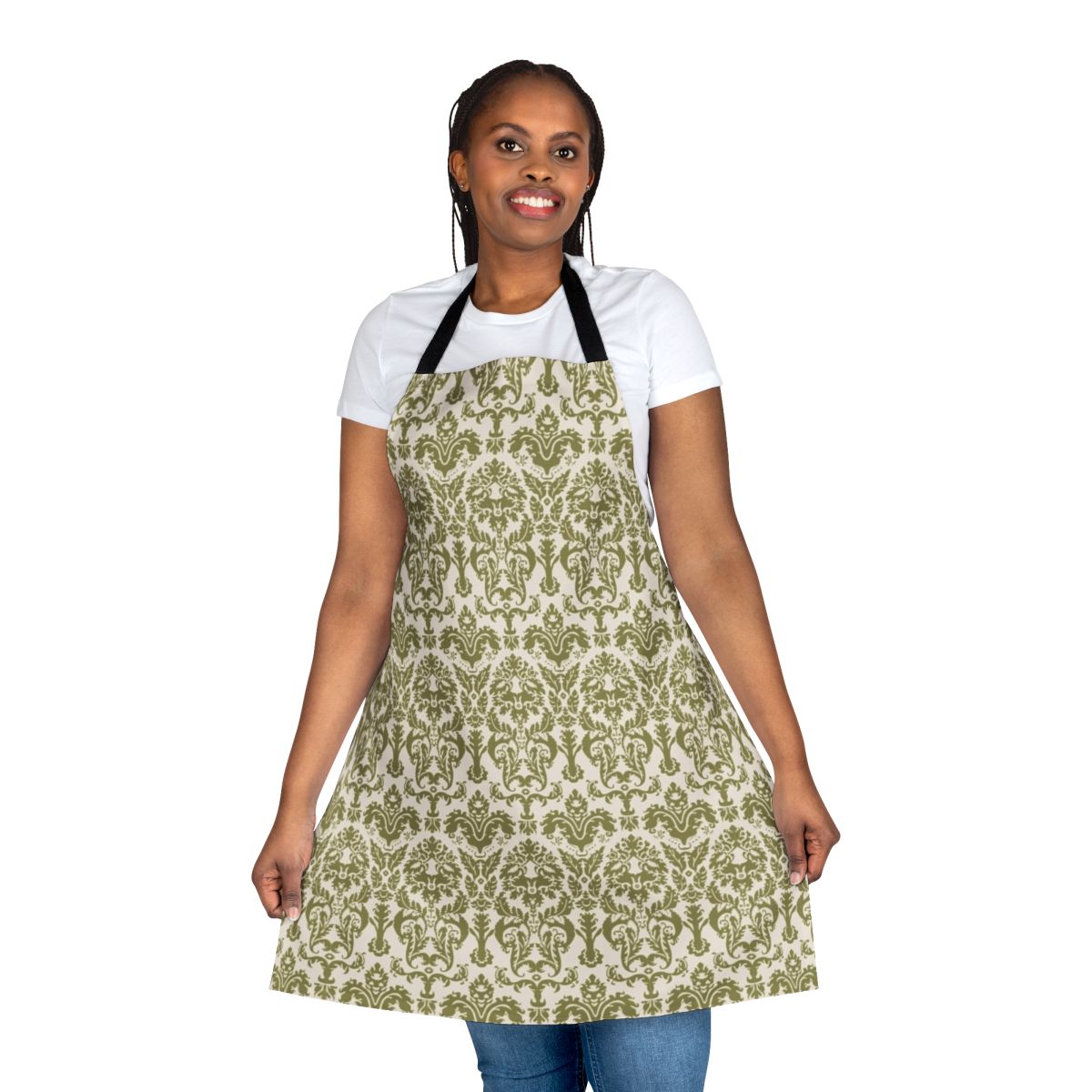 Apron featuring a vintage-style damask print inspired by the iconic curtains from the musical "The Sound of Music"