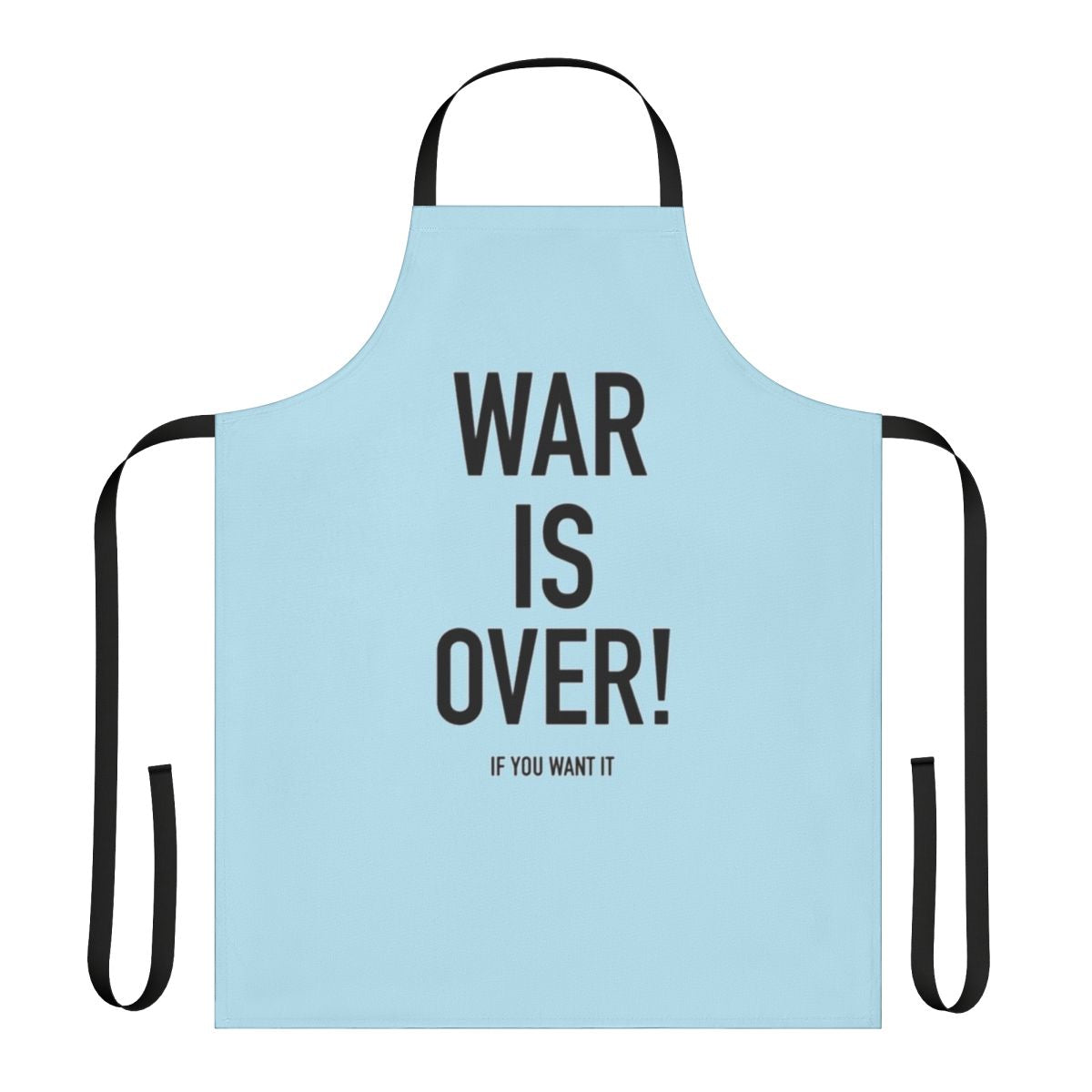 "Vintage-inspired 'War Is Over' apron featuring Yoko Ono and John Lennon's iconic imagery"
