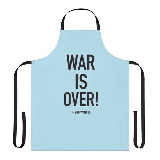 "Vintage-inspired 'War Is Over' apron featuring Yoko Ono and John Lennon's iconic imagery"