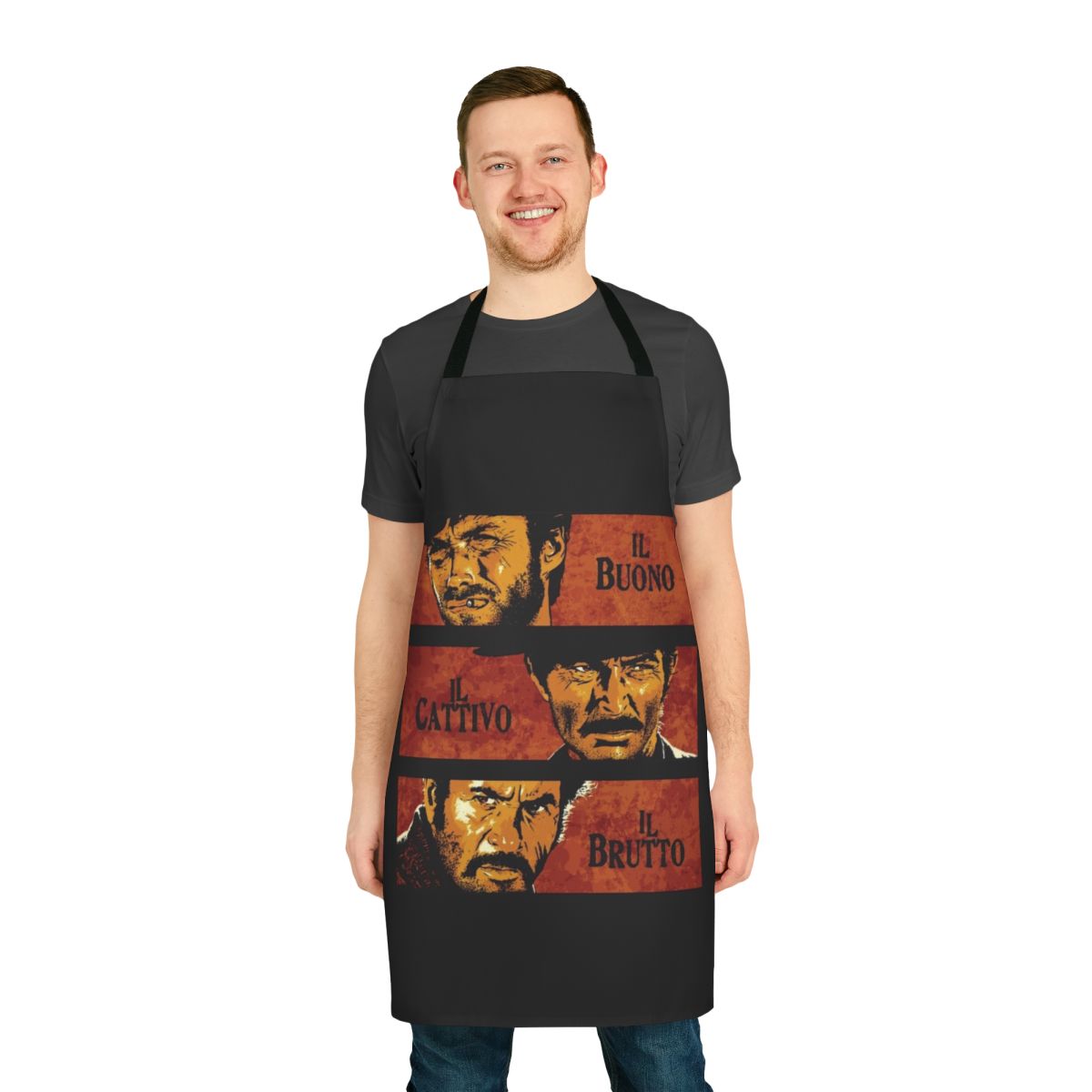 Vintage-inspired western themed apron with "The Good, The Bad, and The Ugly" design