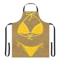 Vintage-style yellow and white polka dot bikini printed on a kraft apron
