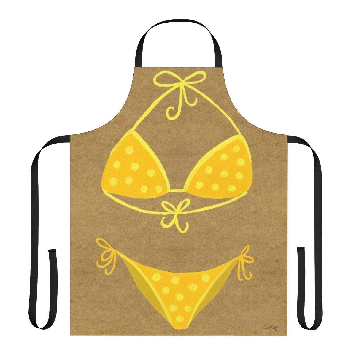 Vintage-style yellow and white polka dot bikini printed on a kraft apron