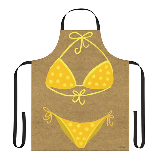 Vintage-style yellow and white polka dot bikini printed on a kraft apron