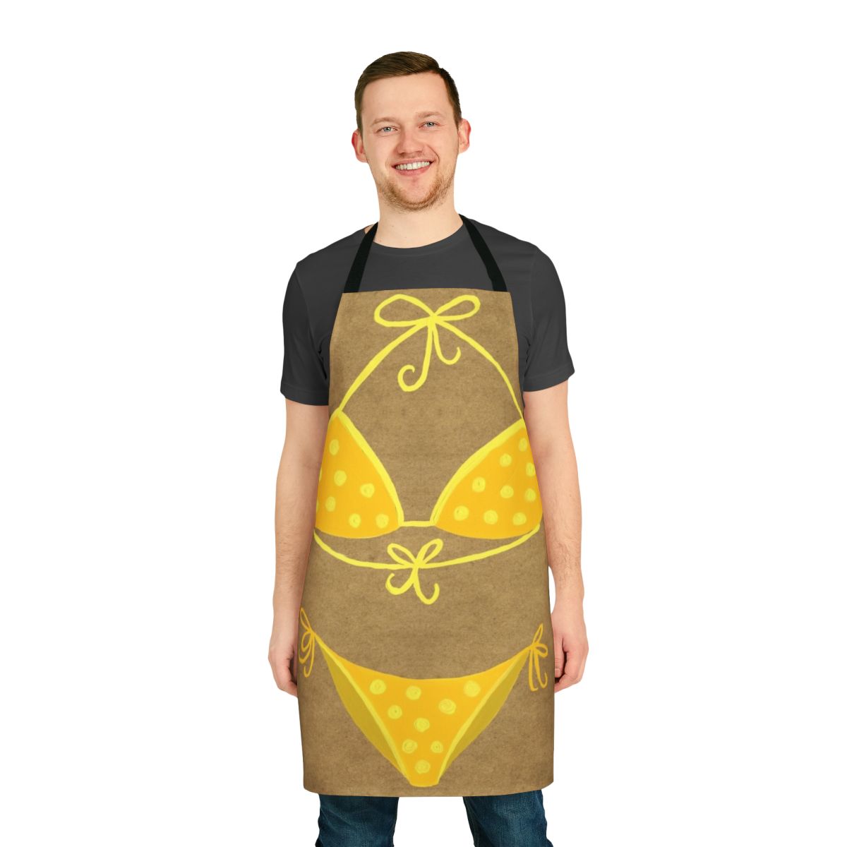 Vintage-style yellow and white polka dot bikini printed on a kraft apron