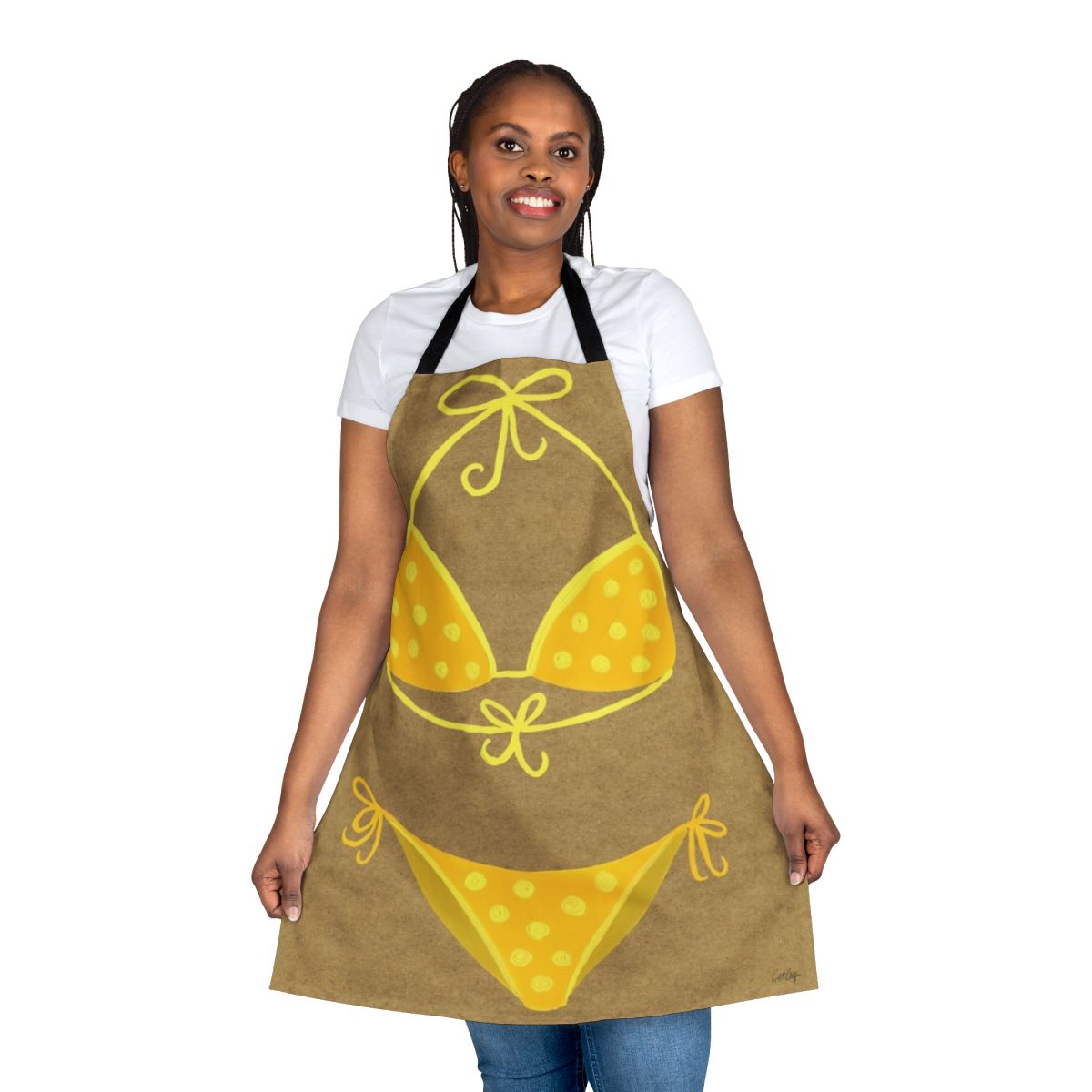 Vintage-style yellow and white polka dot bikini printed on a kraft apron