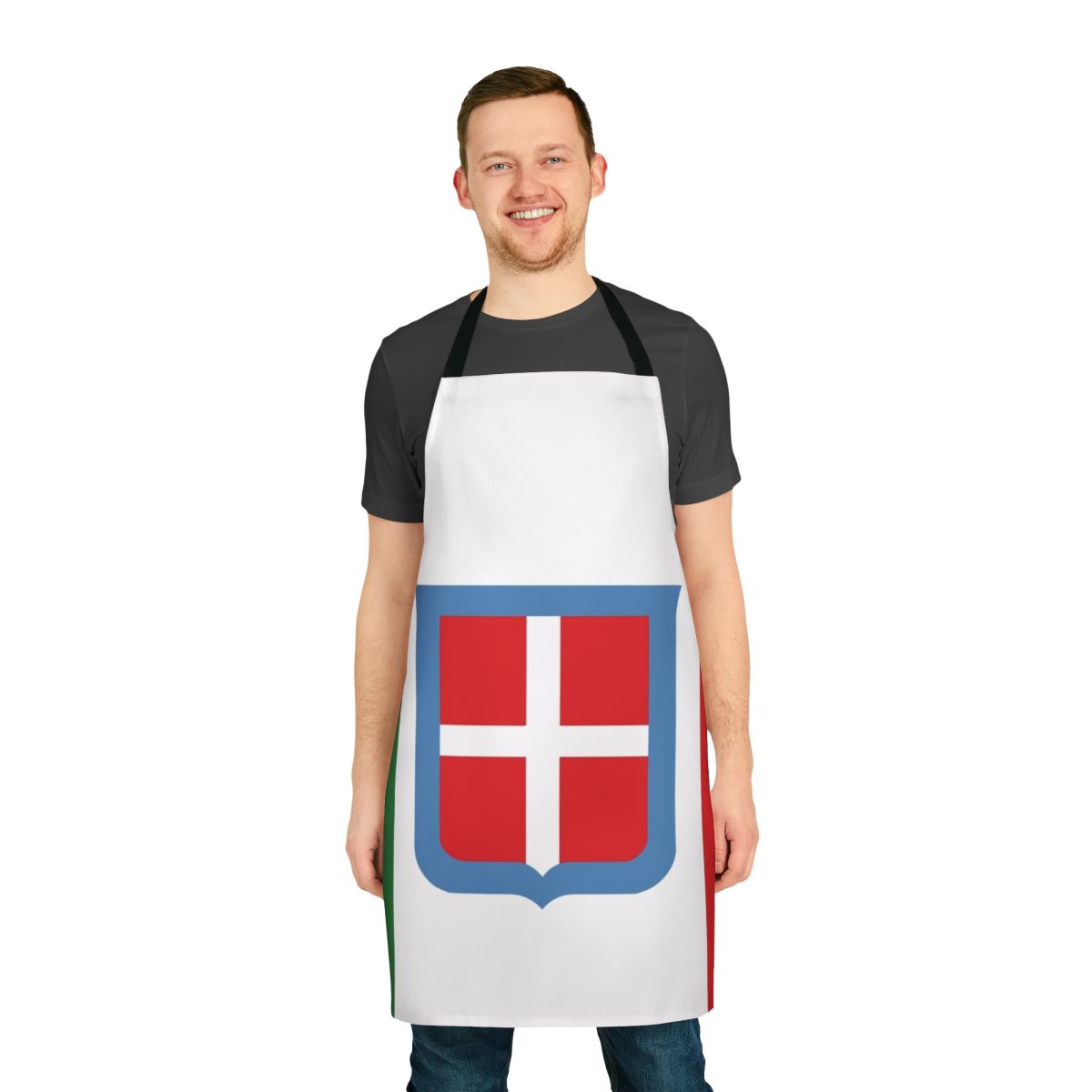 Vintage apron featuring the flag of the Kingdom of Italy from 1861, incorporating the Savoy coat of arms and colors.