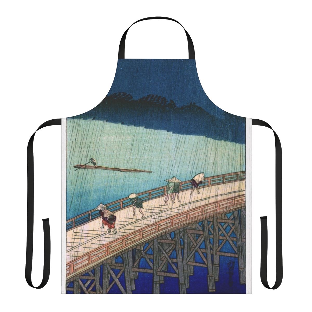 Vintage Japanese woodblock print depicting the Shin Ohashi Bridge in a sudden rain shower