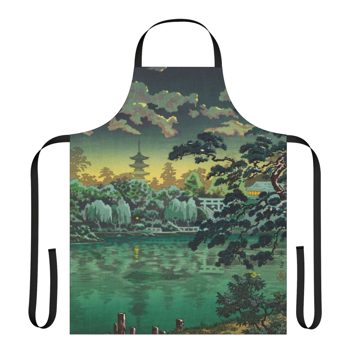 Vintage Japanese Ukiyo-e inspired apron featuring Tsuchiya Koitsu's "Ueno Shinobazu Pond" artwork