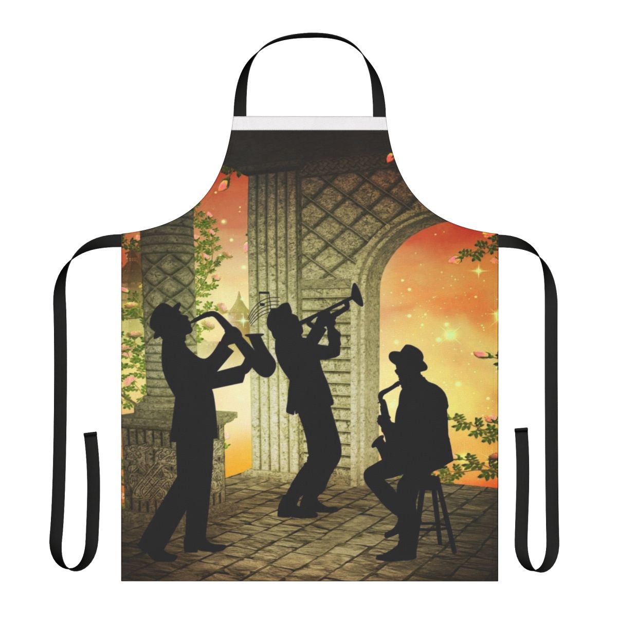 An apron featuring a jazz band with saxophones, trumpets, and other vintage jazz instruments.