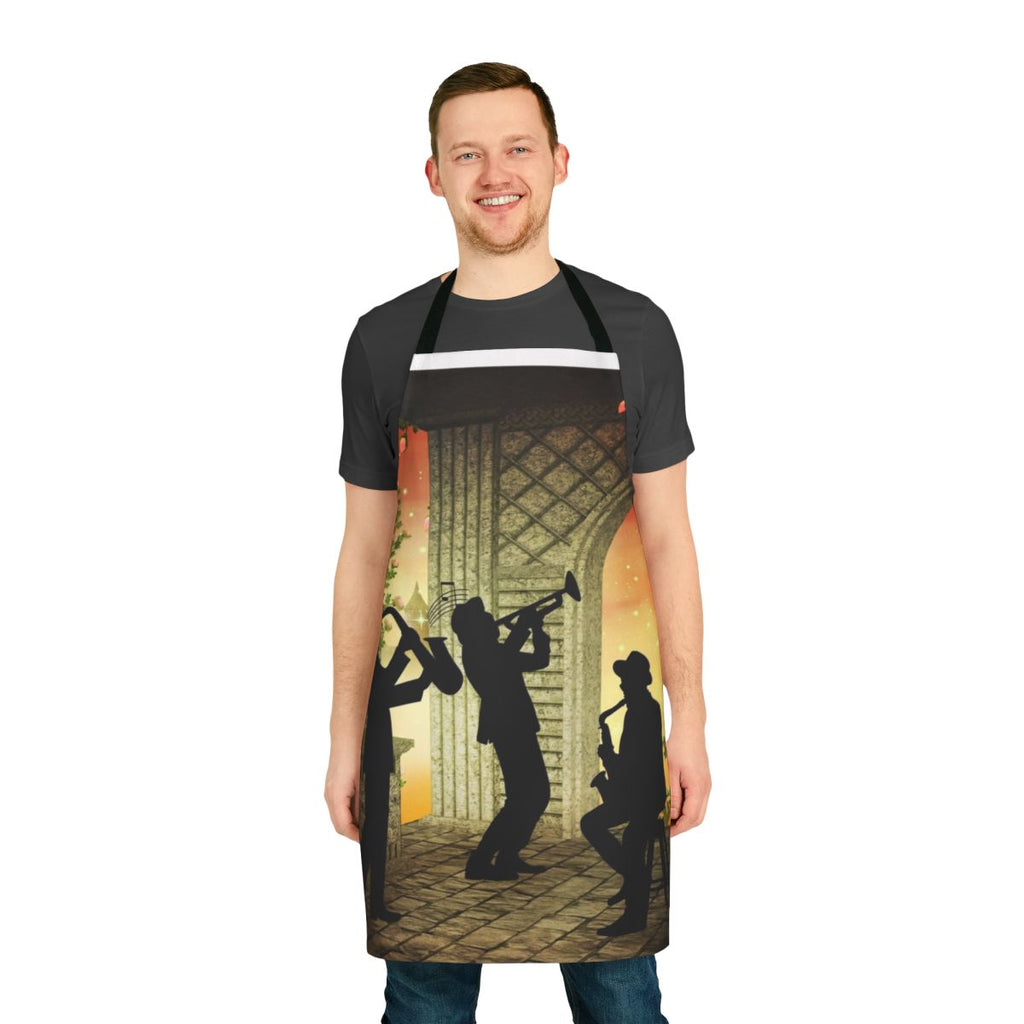 An apron featuring a jazz band with saxophones, trumpets, and other vintage jazz instruments.