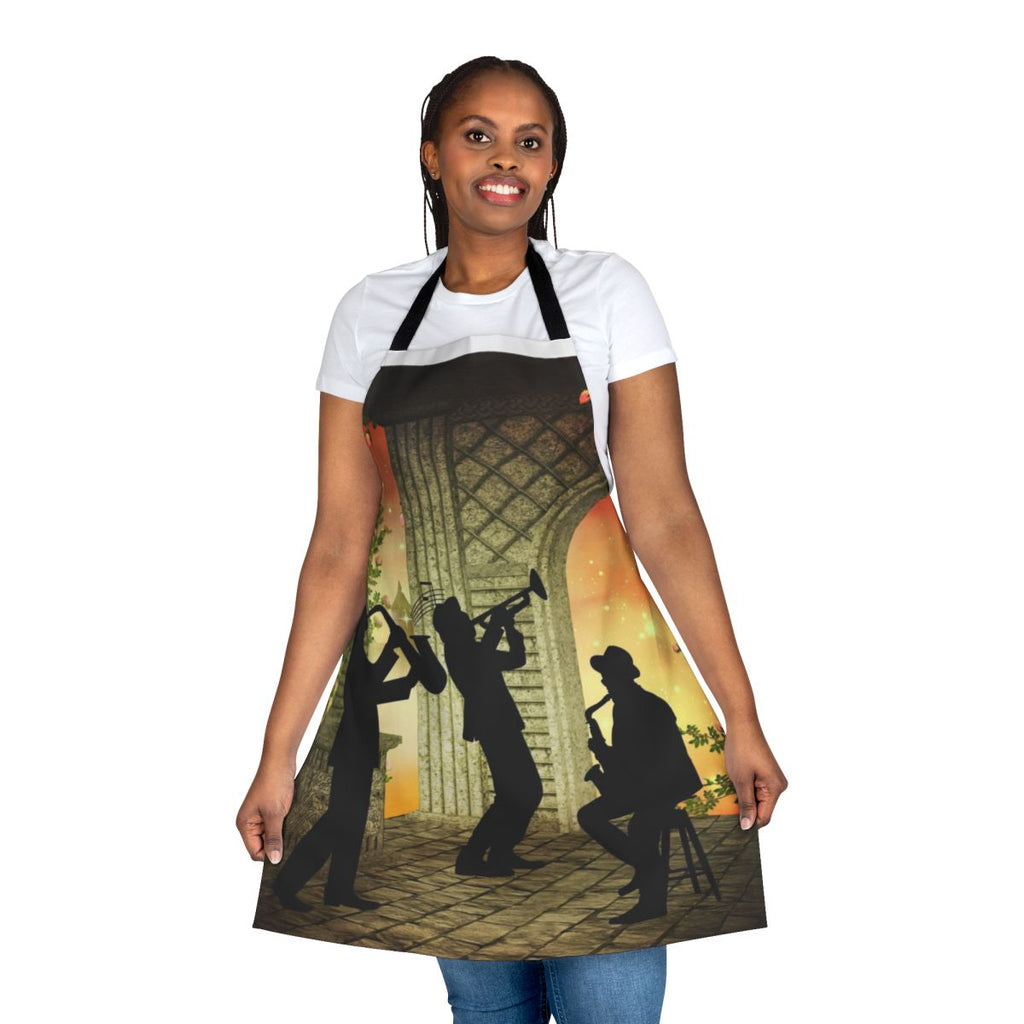 An apron featuring a jazz band with saxophones, trumpets, and other vintage jazz instruments.