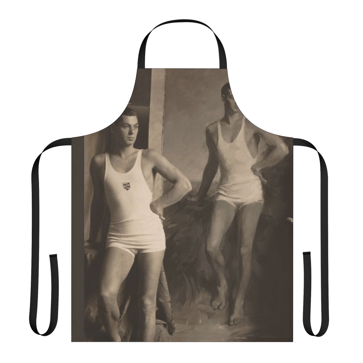 Vintage apron design featuring a portrait of Johnny Weissmuller, the famous Olympic swimmer and actor who portrayed Tarzan.