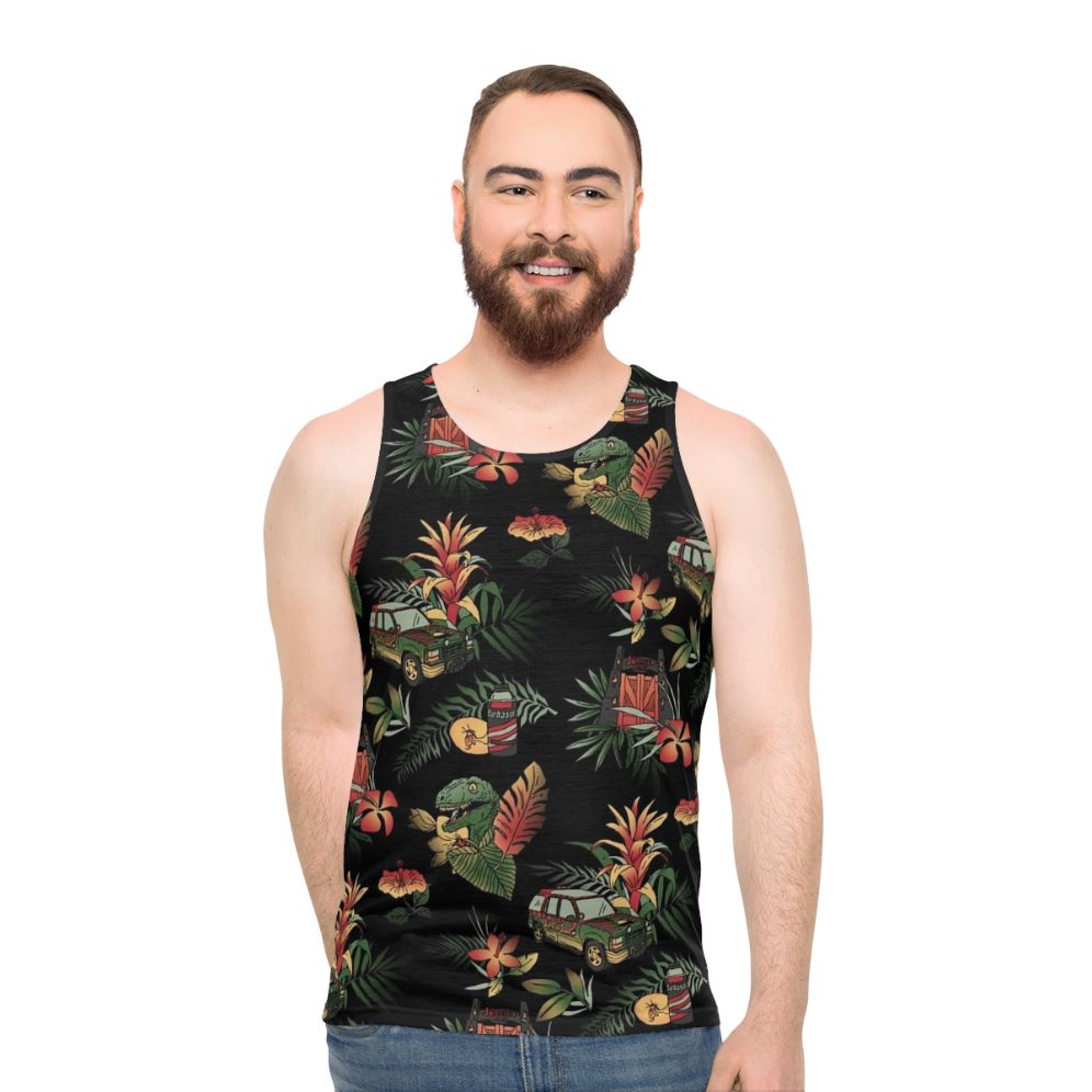Vintage Jurassic Park inspired unisex tank top with floral dinosaur pattern