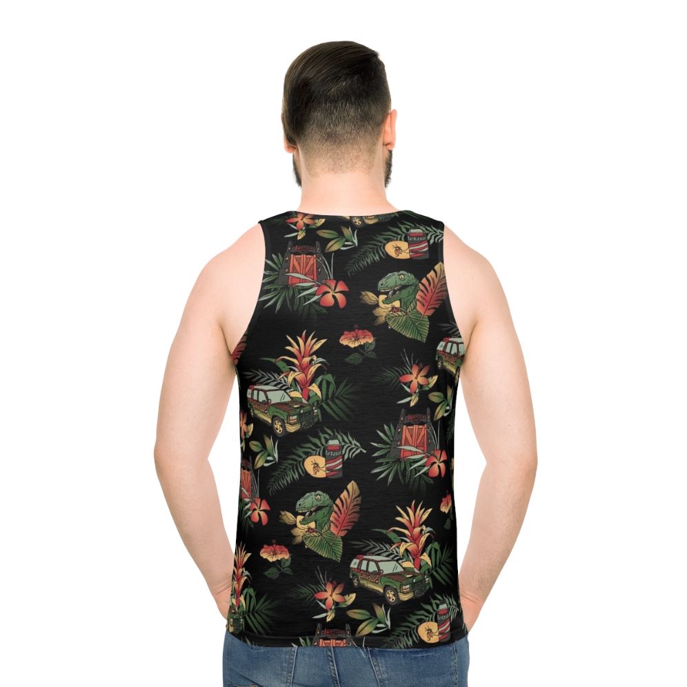 Vintage Jurassic Park inspired unisex tank top with floral dinosaur pattern