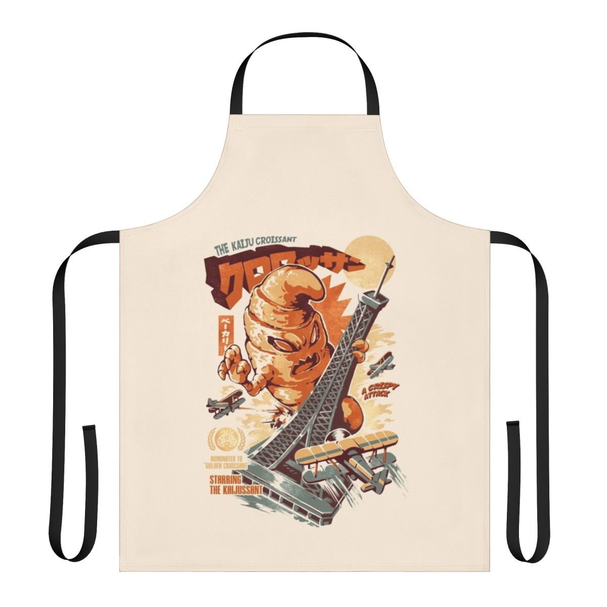 Vintage-style apron featuring a whimsical kaiju monster design, perfect for the retro bakery or horror movie fan.