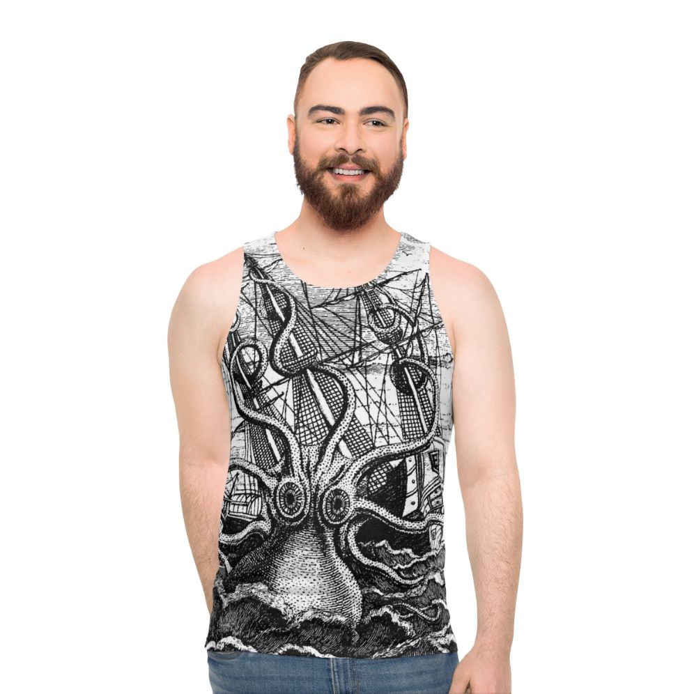 Vintage Kraken Attacking Pirate Ship Illustration Tank Top