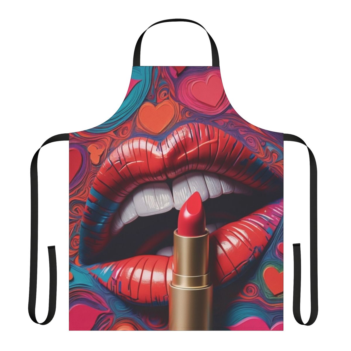 Vintage-style apron with lipstick and lips design, perfect for makeup and kitchen wear.