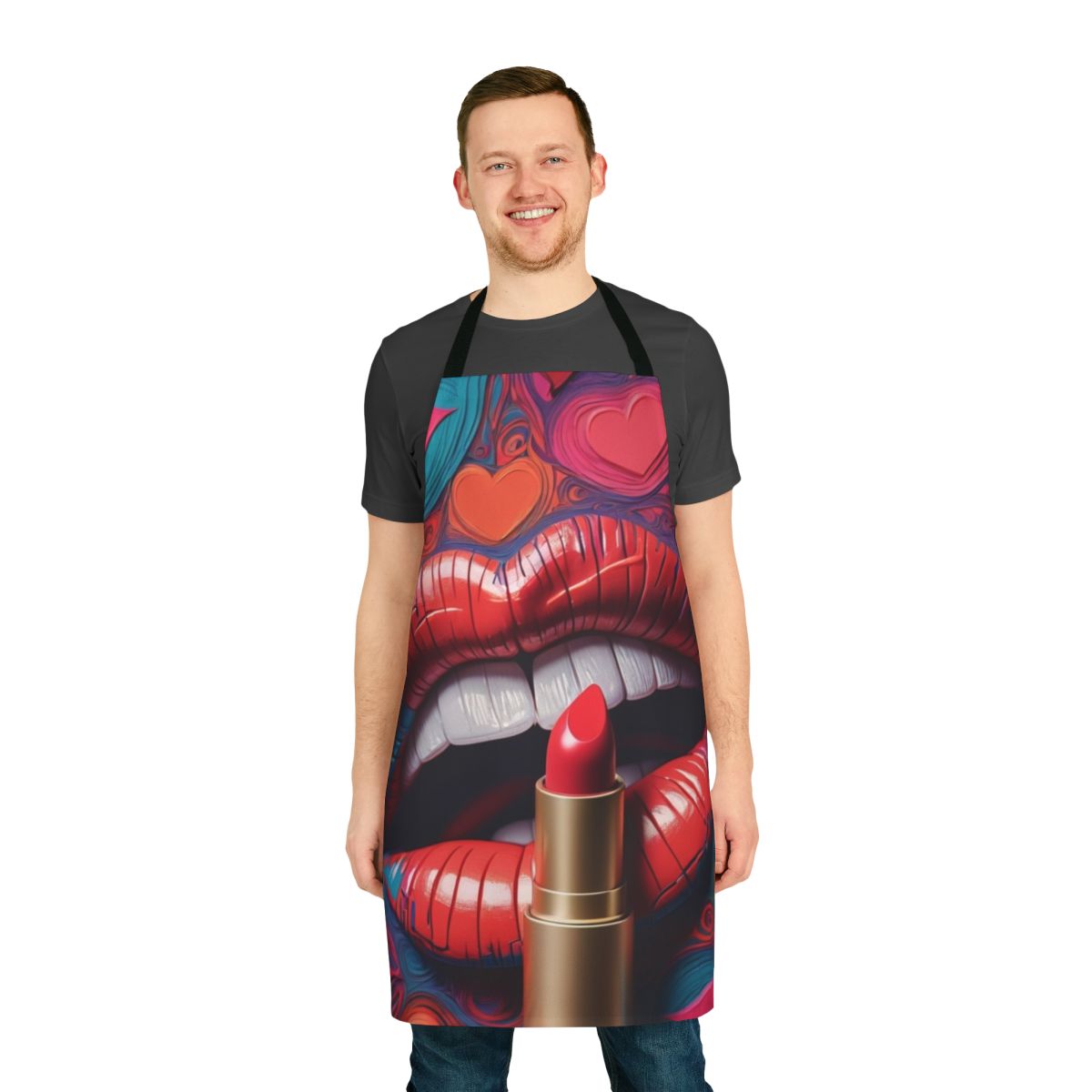 Vintage-style apron with lipstick and lips design, perfect for makeup and kitchen wear.