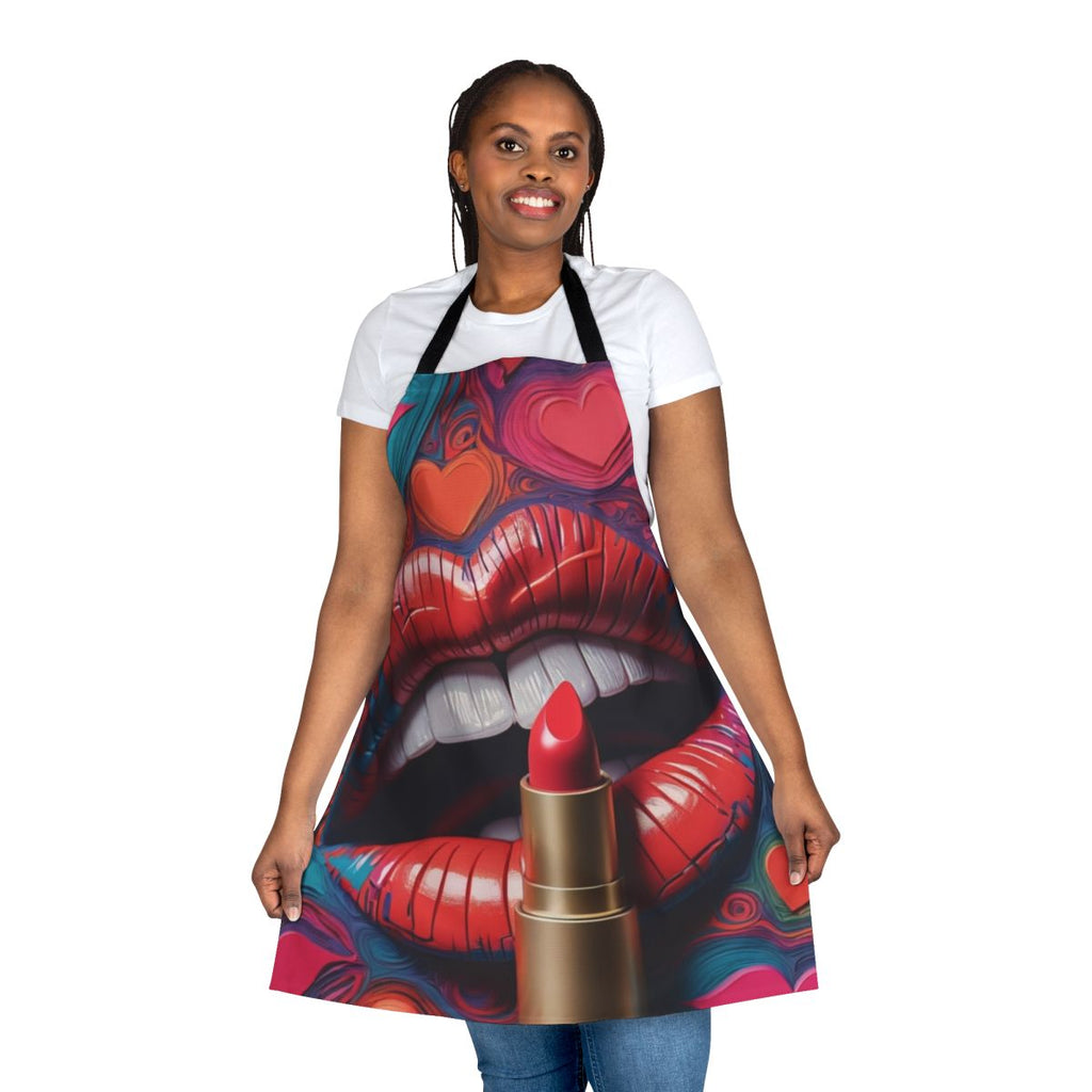 Vintage-style apron with lipstick and lips design, perfect for makeup and kitchen wear.