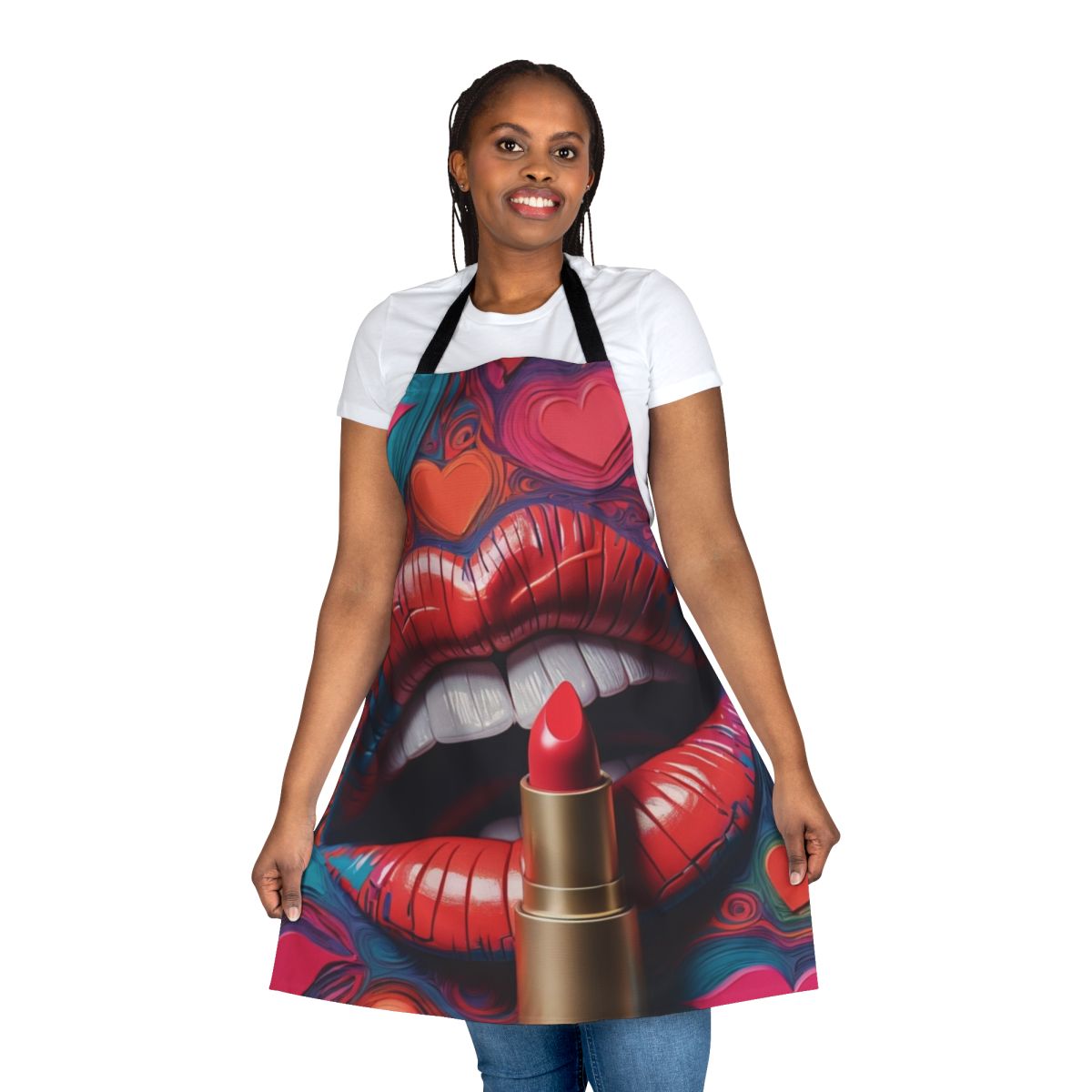 Vintage-style apron with lipstick and lips design, perfect for makeup and kitchen wear.