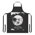 Vintage apron design featuring a lunar landscape and a space rocket, inspired by the classic science fiction film "A Trip to the Moon"