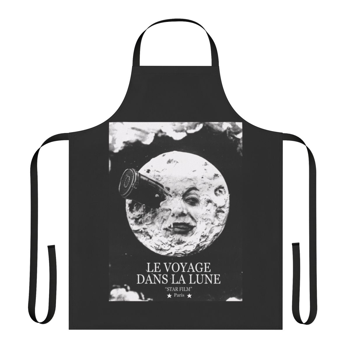 Vintage apron design featuring a lunar landscape and a space rocket, inspired by the classic science fiction film "A Trip to the Moon"