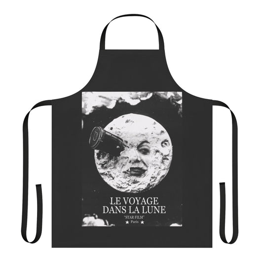 Vintage apron design featuring a lunar landscape and a space rocket, inspired by the classic science fiction film "A Trip to the Moon"