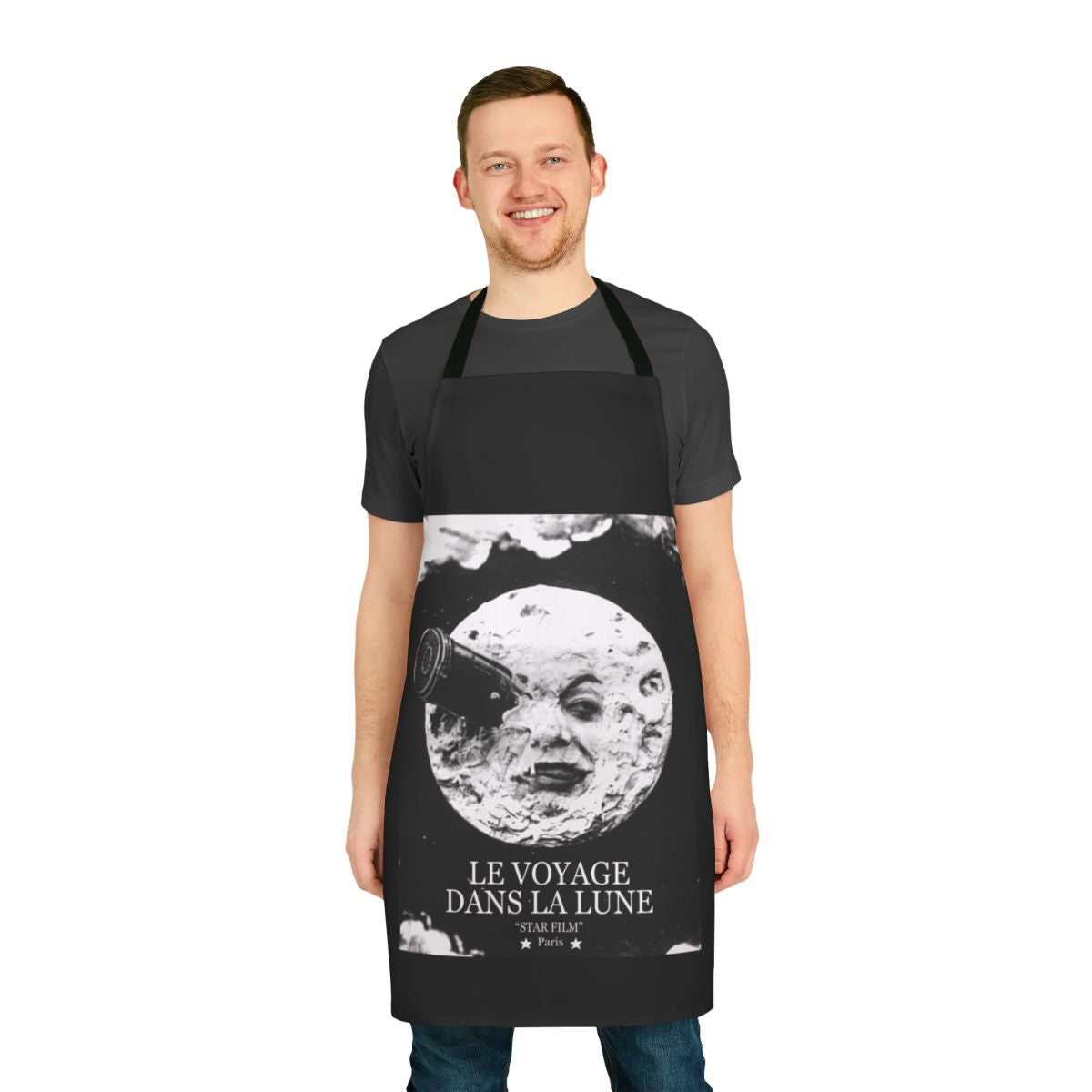 Vintage apron design featuring a lunar landscape and a space rocket, inspired by the classic science fiction film "A Trip to the Moon"